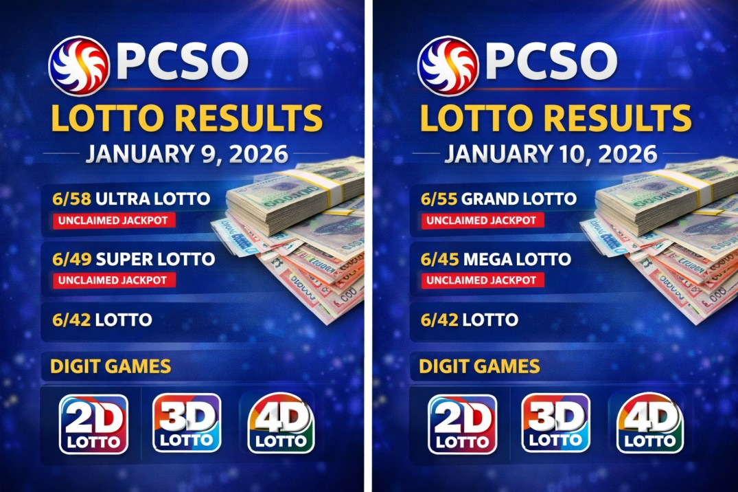 Philippines PCSO Lotto Results – January 9 & 10th, 2026