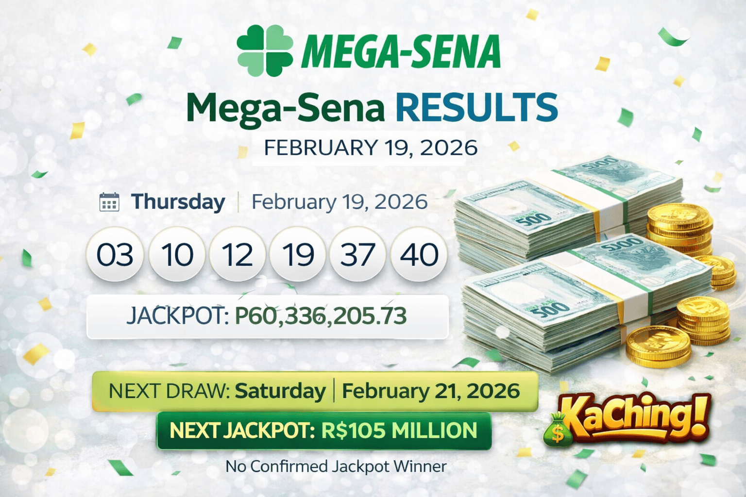 Mega-Sena Results for February 19, 2026: Winning Numbers Drawn as Jackpot Climbs to R$105 Million