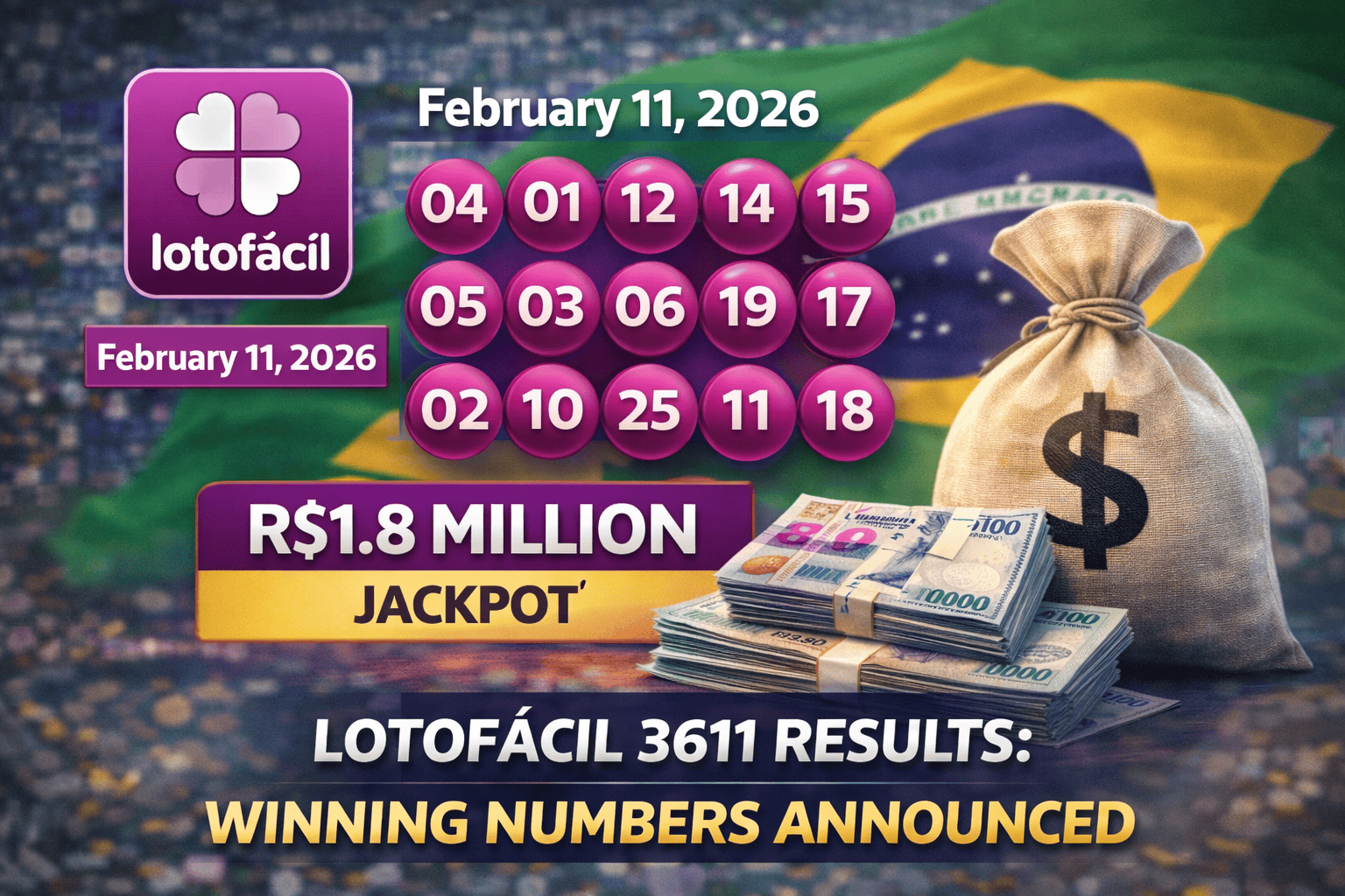 Brazil Lotofácil 3611 Lottery Results: February 11 Draw Numbers Revealed
