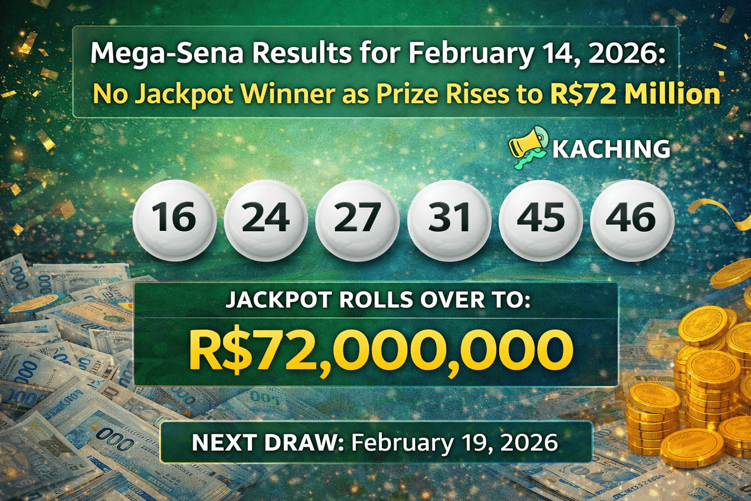 Brazil Mega-Sena Draw Results February 14, 2026: Jackpot Rolls Over to R$72 Million