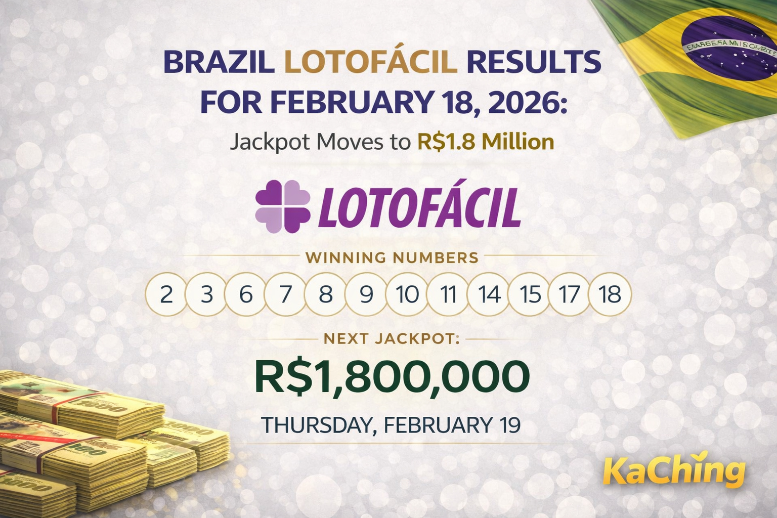 Brazil Lotofácil Results for Feb 18, 2026 as Jackpot Rolls Over