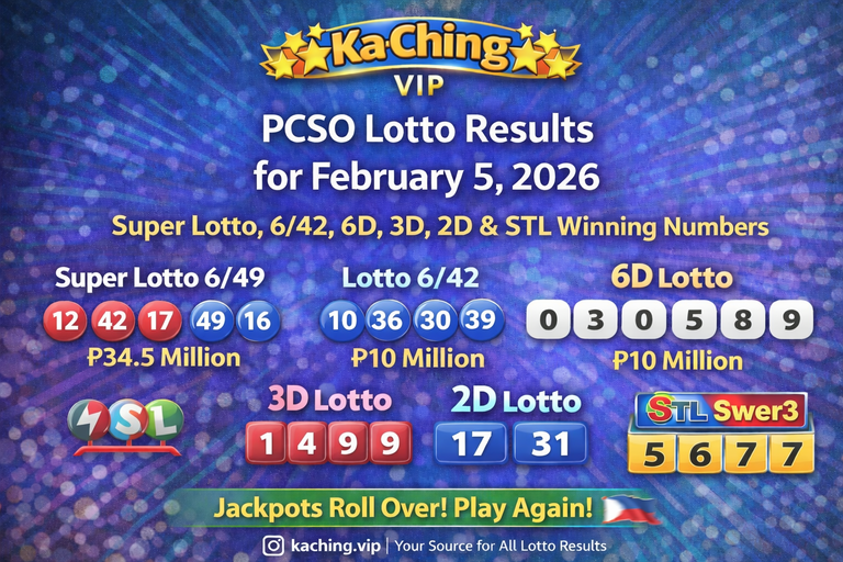 Philippines PCSO Lotto Lottery Results for February 5, 2026: Super Lotto, 6/42, 6D, 3D, 2D and STL Winning Numbers