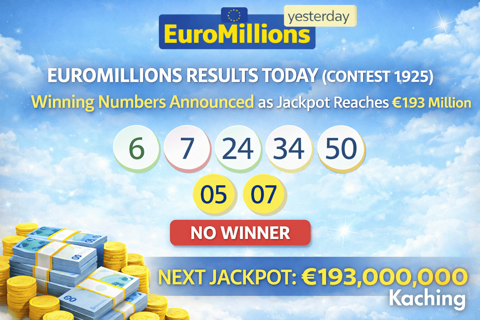 EuroMillions Lottery Results Today (Contest 1925): Jackpot Rolls Over to €193 Million